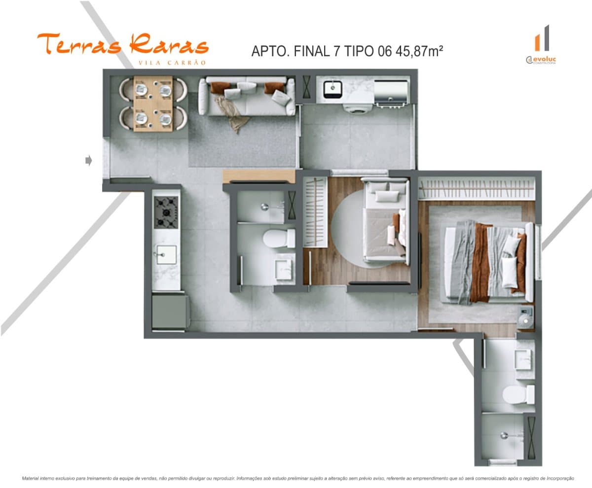 Apto | 45,87 m² c/ 1 suíte